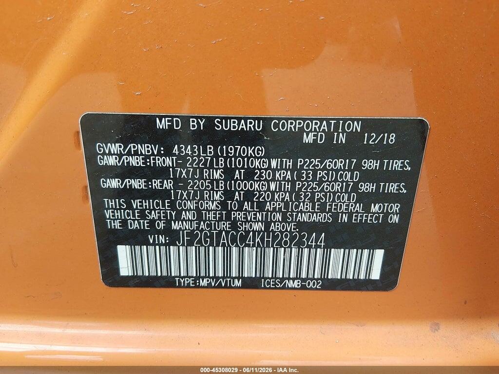 JF2GTACC4KH282344 2019 SUBARU CROSSTREK photo no. 9