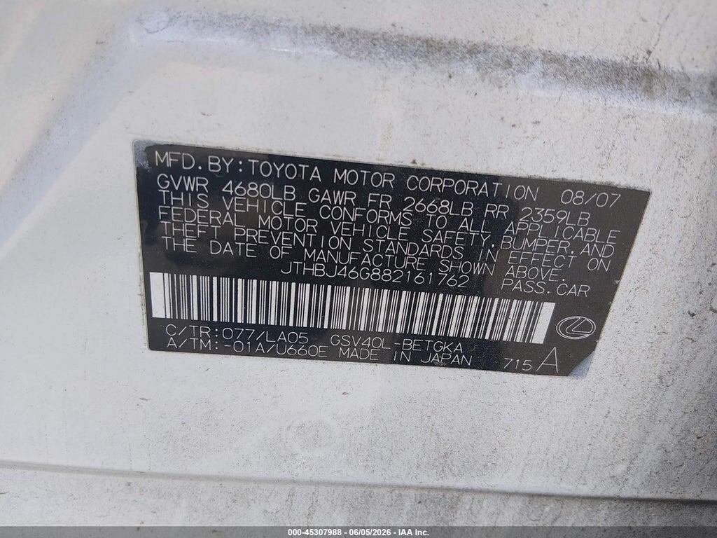 JTHBJ46G882161762 2008 LEXUS ES 350 photo no. 9