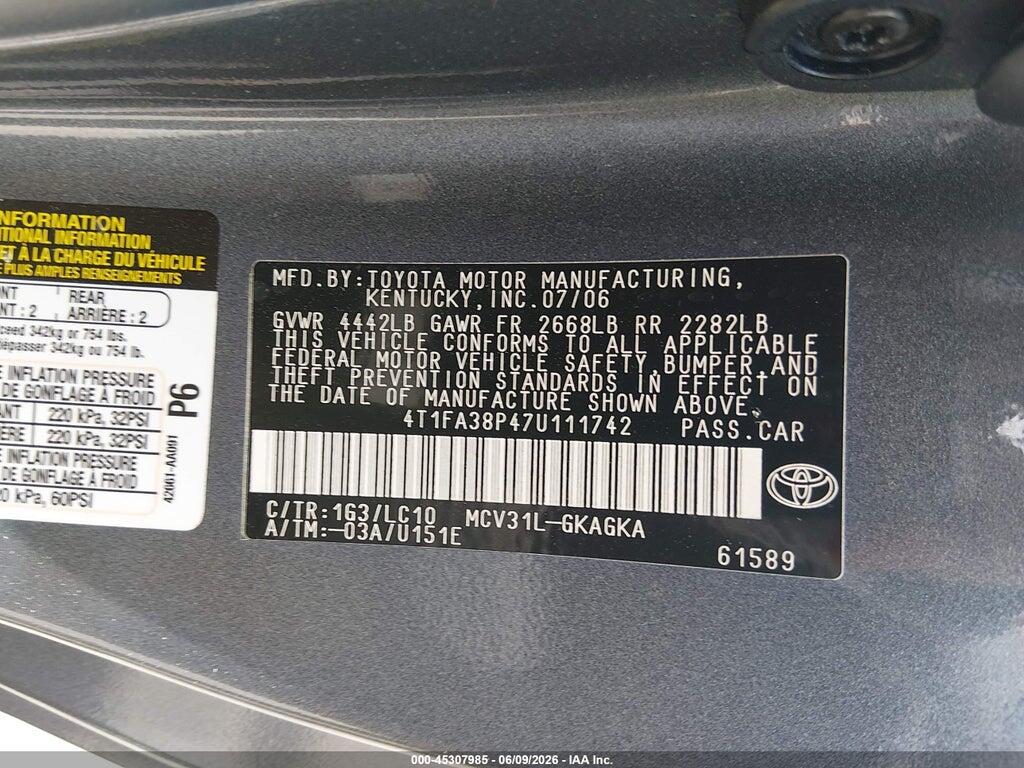 4T1FA38P47U111742 2007 TOYOTA CAMRY SOLARA photo no. 9