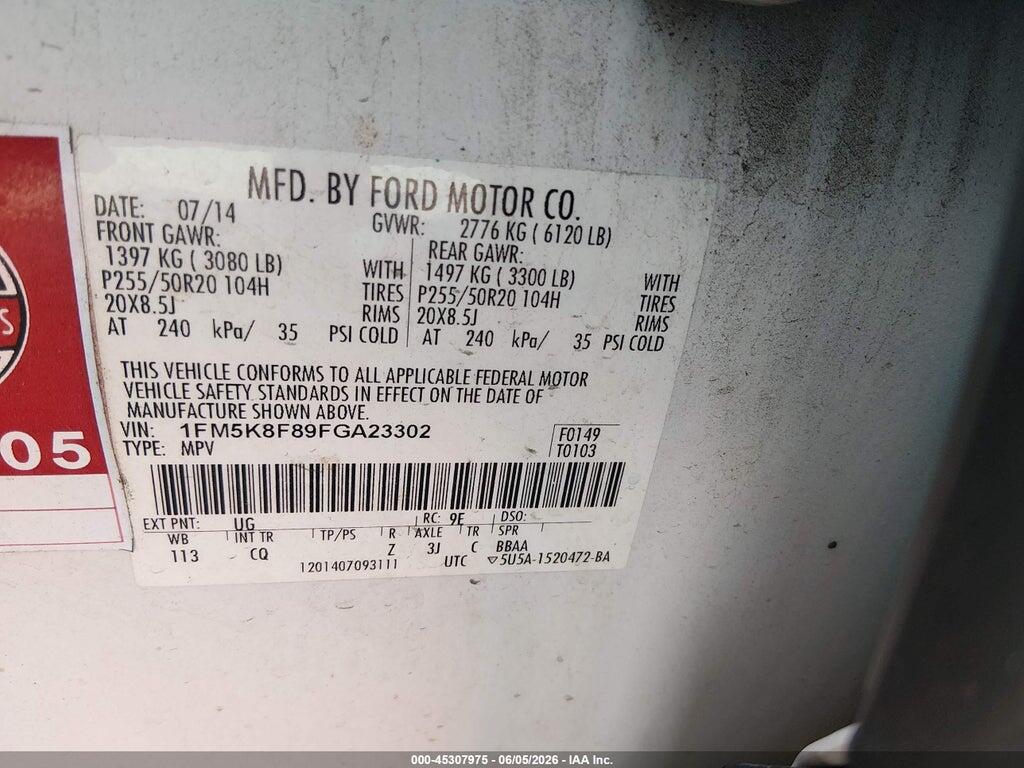 1FM5K8F89FGA23302 2015 FORD EXPLORER photo no. 9