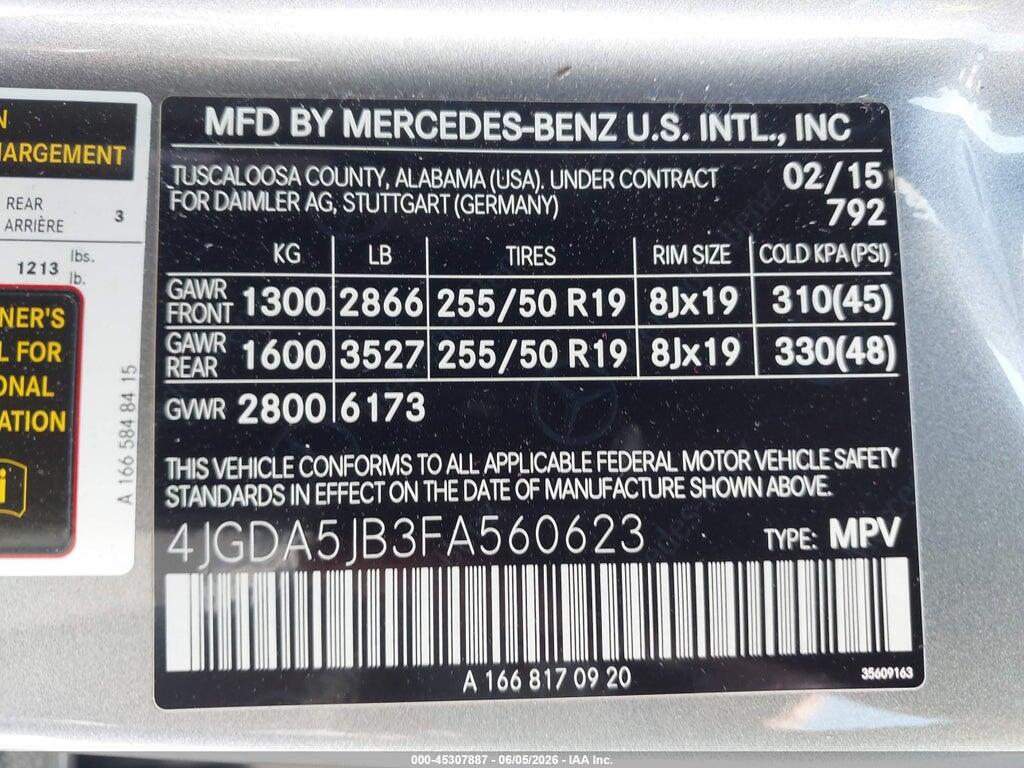 4JGDA5JB3FA560623 2015 MERCEDES-BENZ ML 350 photo no. 9