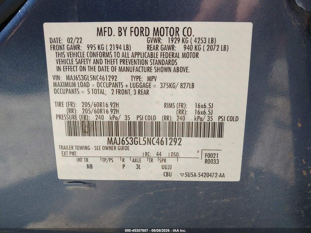 MAJ6S3GL5NC461292 2022 FORD ECOSPORT photo no. 9