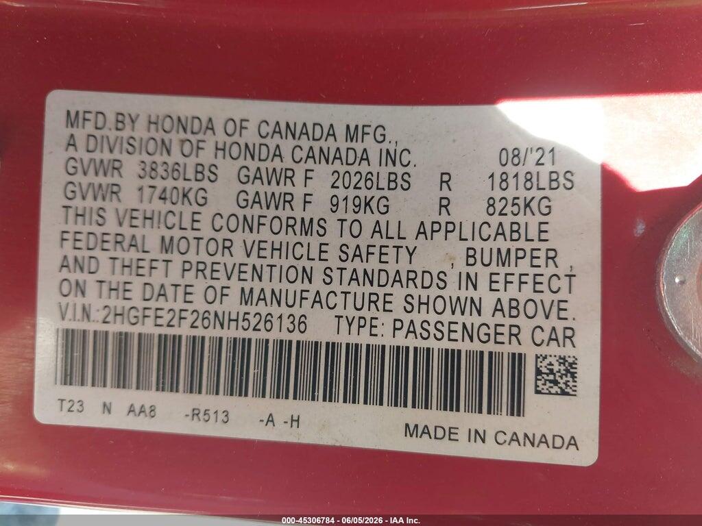 2HGFE2F26NH526136 2022 HONDA CIVIC photo no. 9