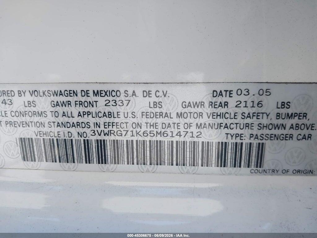 3VWRG71K65M614712 2005 VOLKSWAGEN JETTA photo no. 9