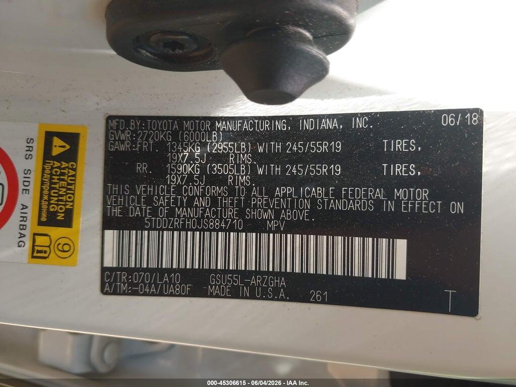 5TDDZRFH0JS884710 2018 TOYOTA HIGHLANDER photo no. 9