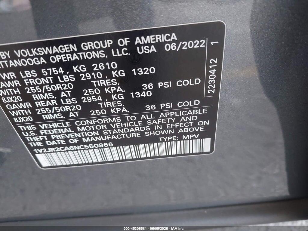 1V2JR2CA6NC550866 2022 VOLKSWAGEN ATLAS photo no. 9
