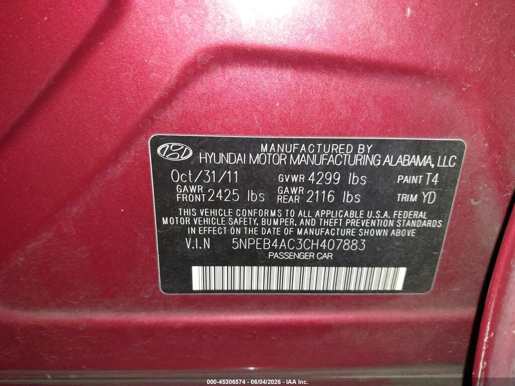 5NPEB4AC3CH407883 2012 HYUNDAI SONATA photo no. 9