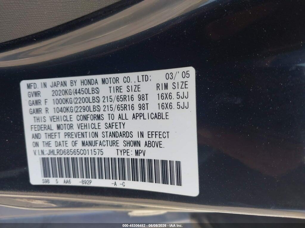 JHLRD68565C011575 2005 HONDA CR-V photo no. 9