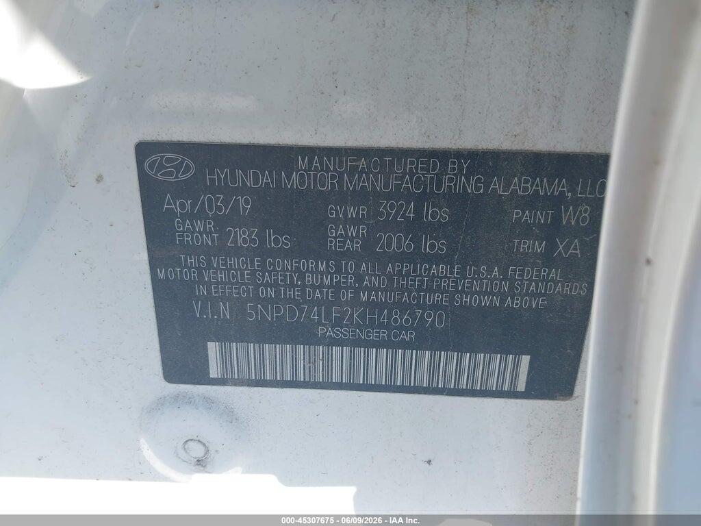 5NPD74LF2KH486790 2019 HYUNDAI ELANTRA photo no. 9