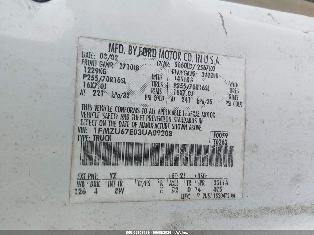 1FMZU67E03UA09208 2003 FORD EXPLORER SPORT TRAC photo no. 9