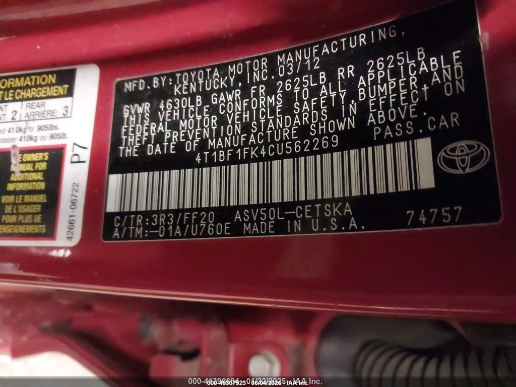 4T1BF1FK4CU562269 2012 TOYOTA CAMRY photo no. 9