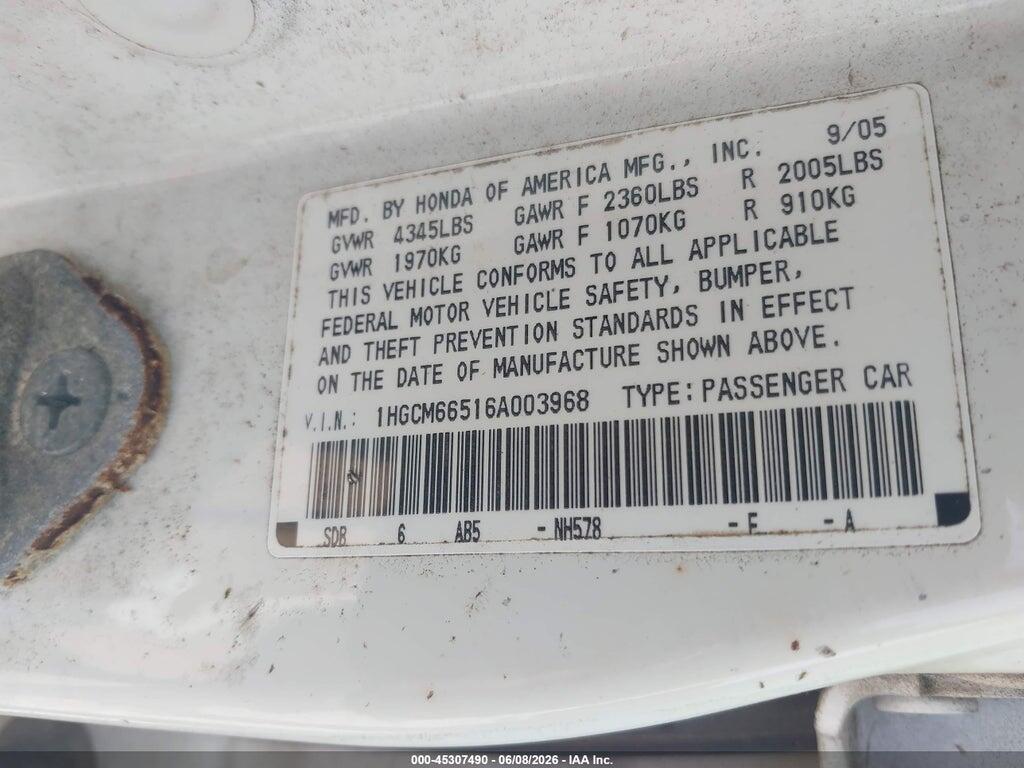 1HGCM66516A003968 2006 HONDA ACCORD photo no. 9