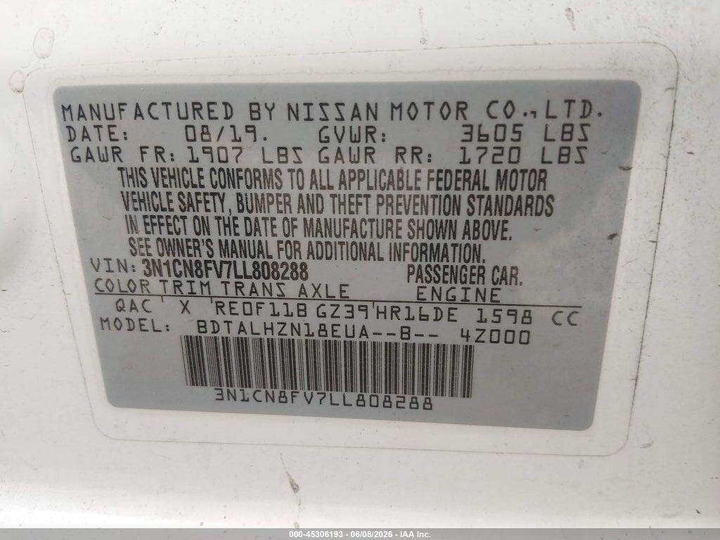 3N1CN8FV7LL808288 2020 NISSAN VERSA photo no. 9