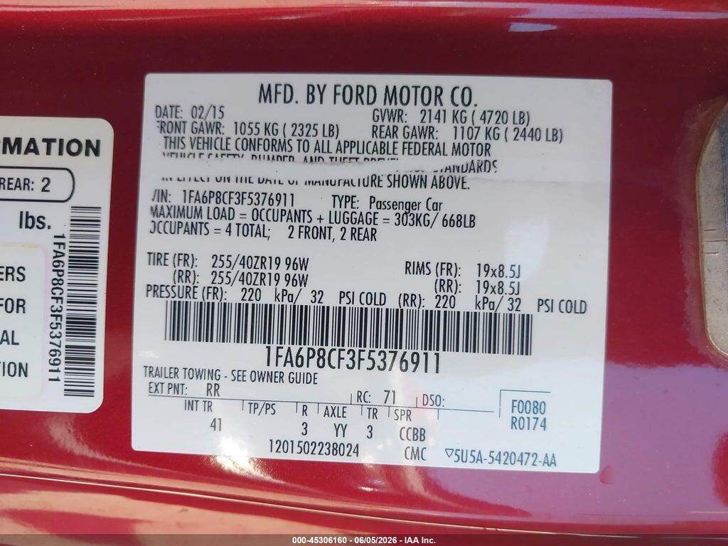 1FA6P8CF3F5376911 2015 FORD MUSTANG photo no. 9