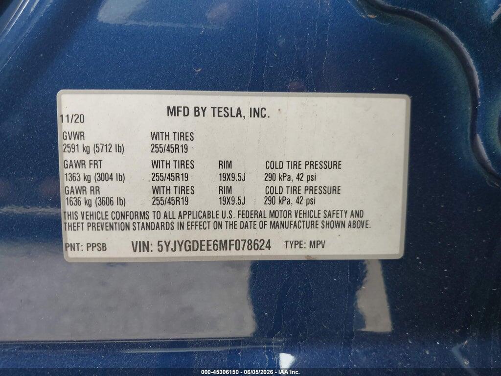 5YJYGDEE6MF078624 2021 TESLA MODEL Y photo no. 9