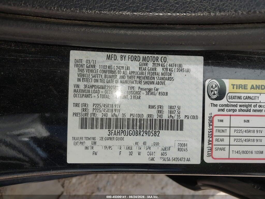 3FAHP0JG0BR290582 2011 FORD FUSION photo no. 9
