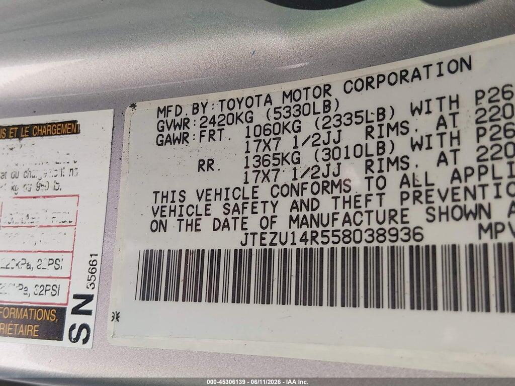 JTEZU14R558038936 2005 TOYOTA 4RUNNER photo no. 9