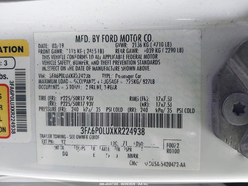3FA6P0LUXKR224938 2019 FORD FUSION HYBRID photo no. 9