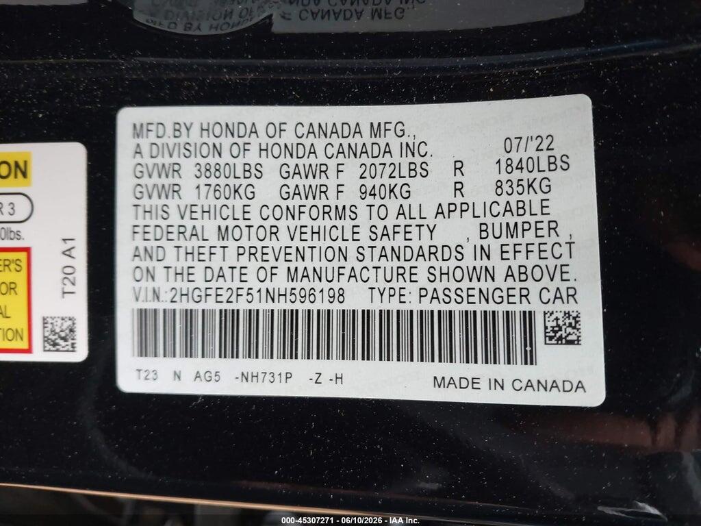 2HGFE2F51NH596198 2022 HONDA CIVIC photo no. 9