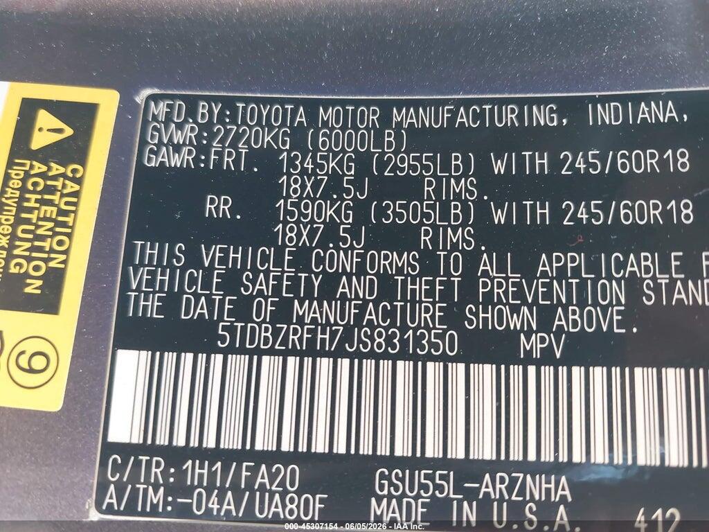 5TDBZRFH7JS831350 2018 TOYOTA HIGHLANDER photo no. 9