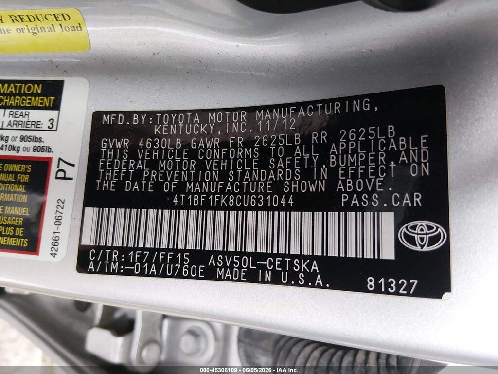 4T1BF1FK8CU631044 2012 TOYOTA CAMRY photo no. 9