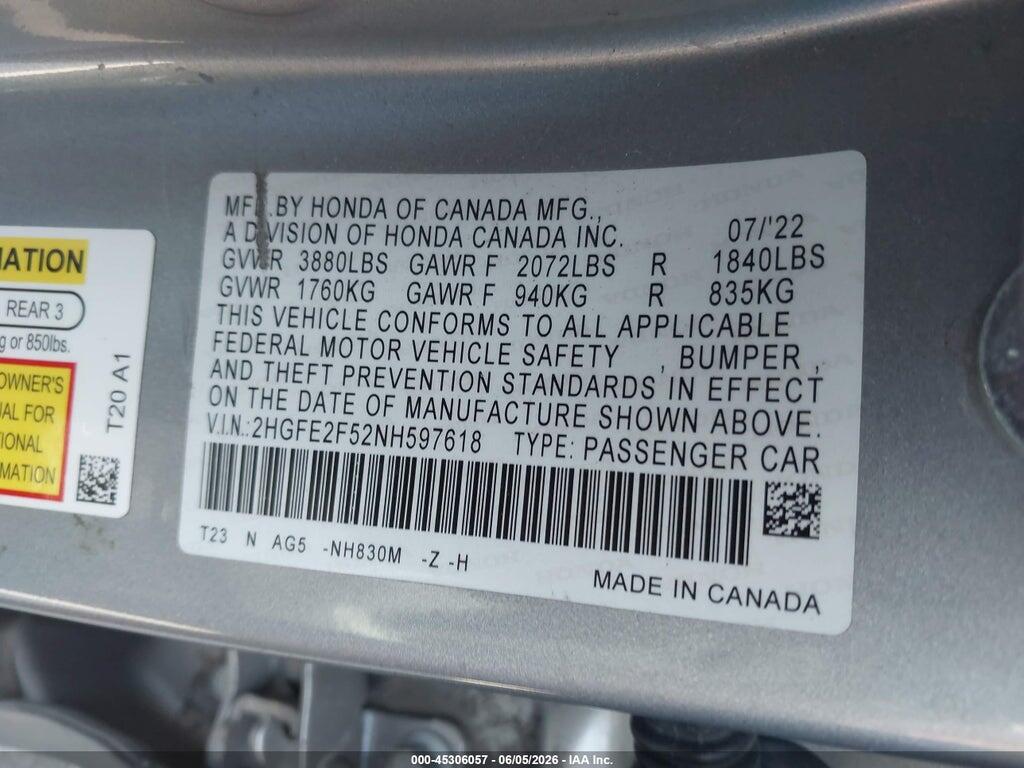 2HGFE2F52NH597618 2022 HONDA CIVIC photo no. 9