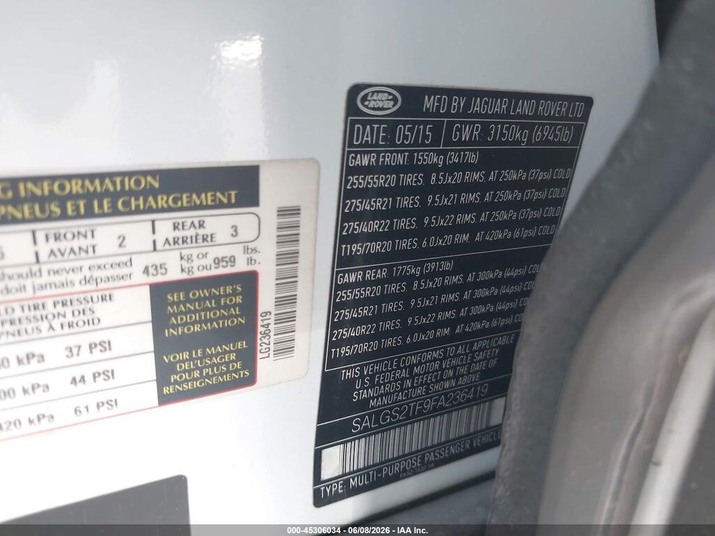 SALGS2TF9FA236419 2015 LAND ROVER RANGE ROVER photo no. 9