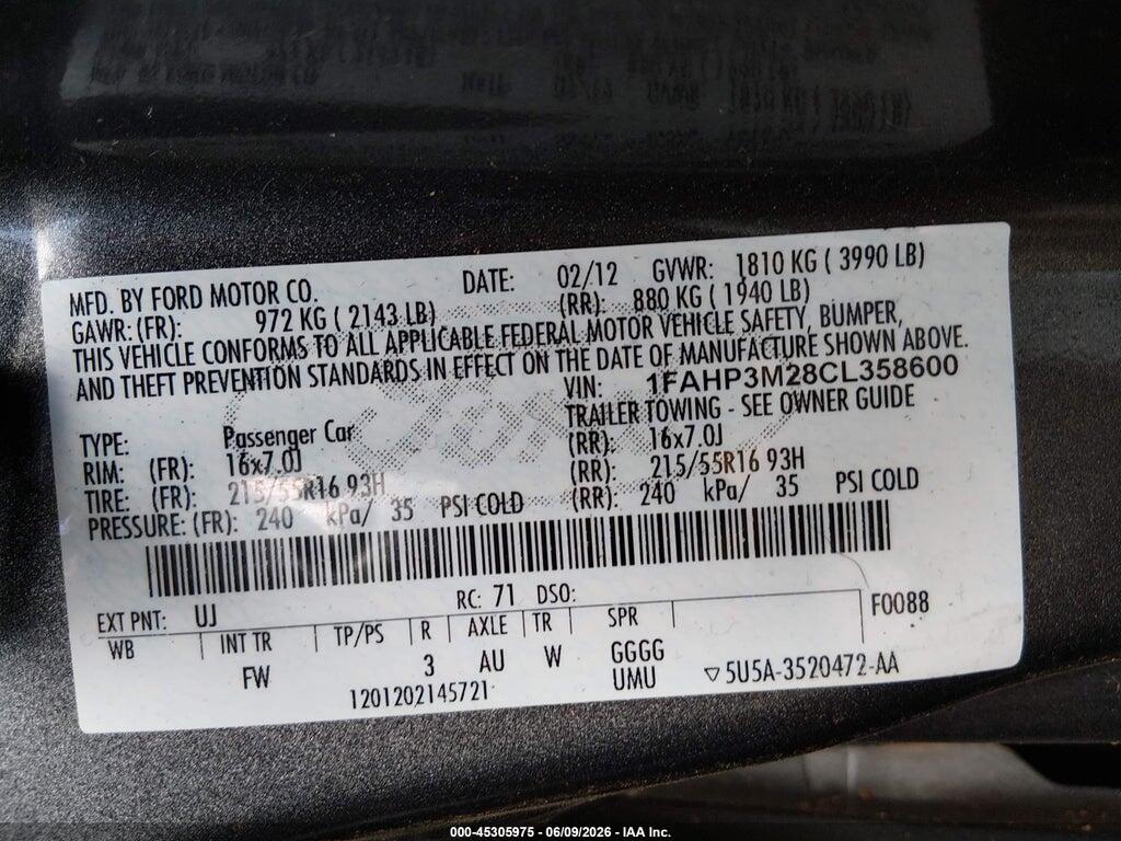 1FAHP3M28CL358600 2012 FORD FOCUS photo no. 9