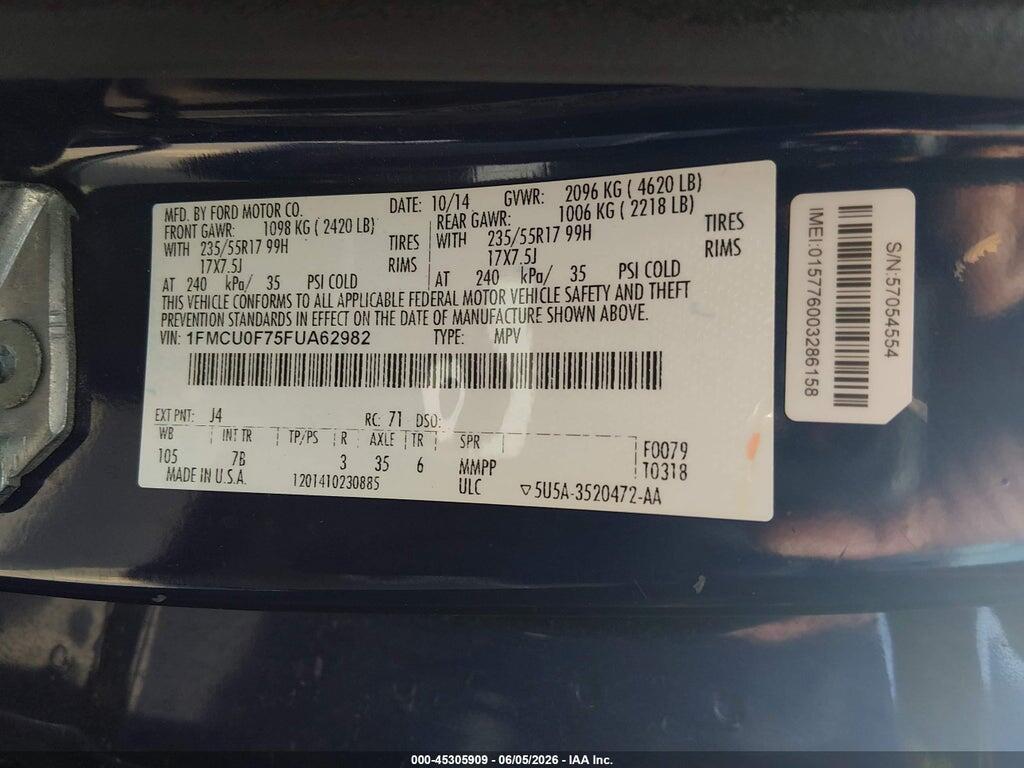 1FMCU0F75FUA62982 2015 FORD ESCAPE photo no. 9