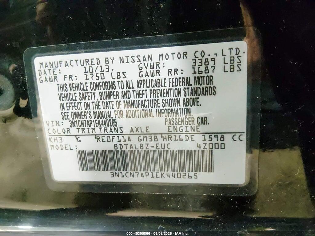 3N1CN7AP1EK440265 2014 NISSAN VERSA photo no. 9