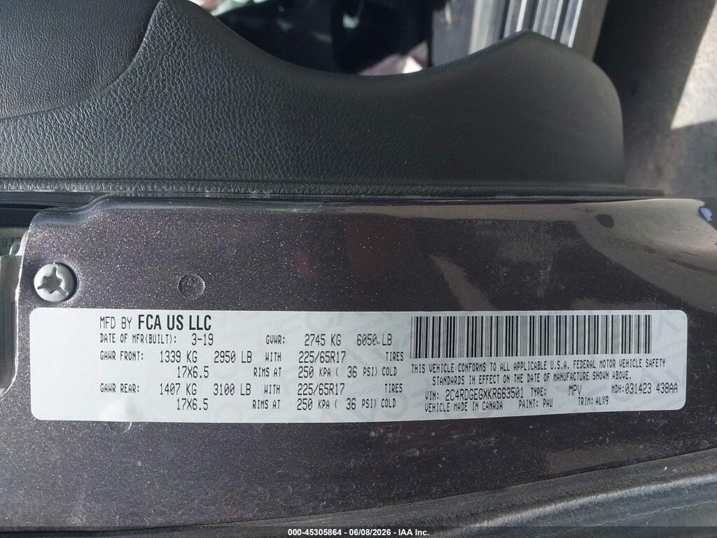 2C4RDGEGXKR663501 2019 DODGE GRAND CARAVAN photo no. 9