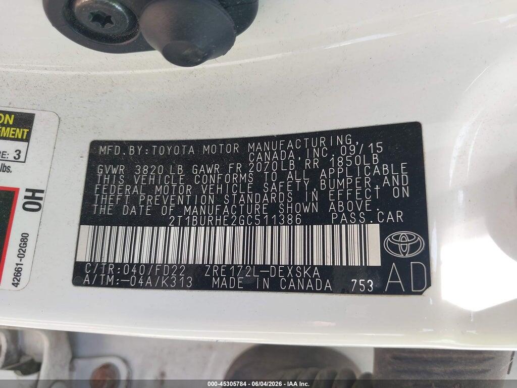 2T1BURHE2GC511386 2016 TOYOTA COROLLA photo no. 9