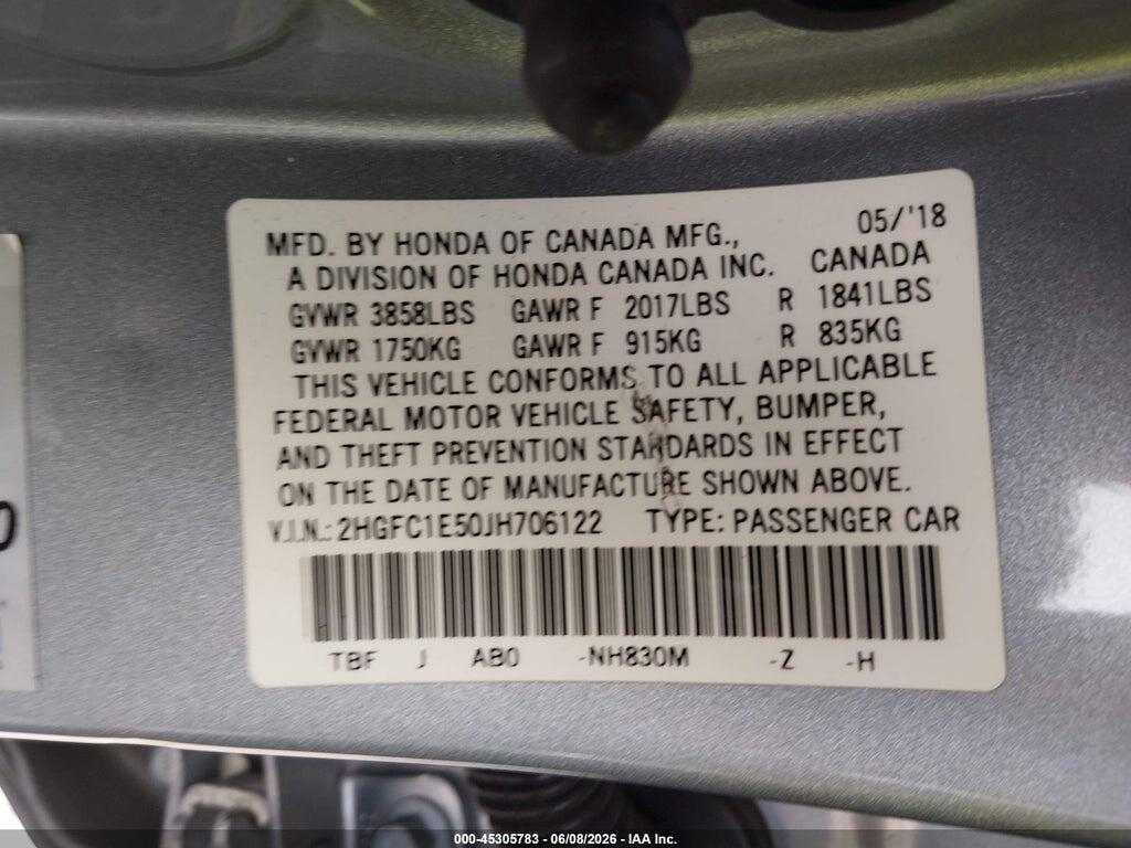 2HGFC1E50JH706122 2018 HONDA CIVIC photo no. 9