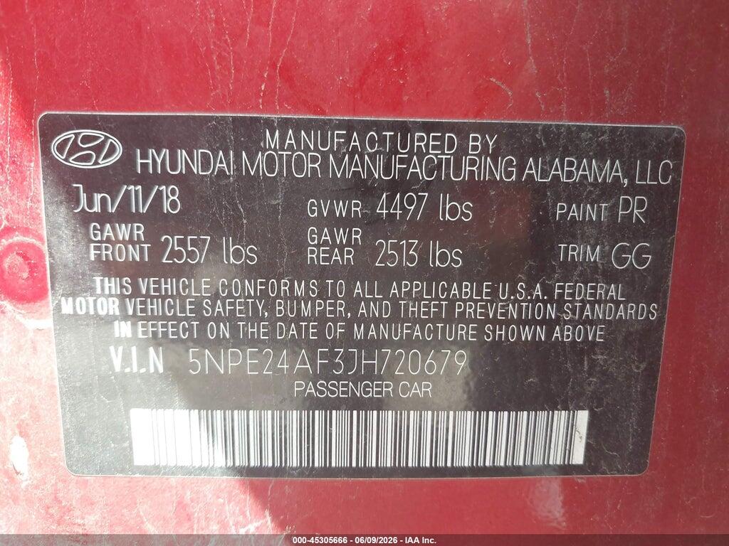 5NPE24AF3JH720679 2018 HYUNDAI SONATA photo no. 9