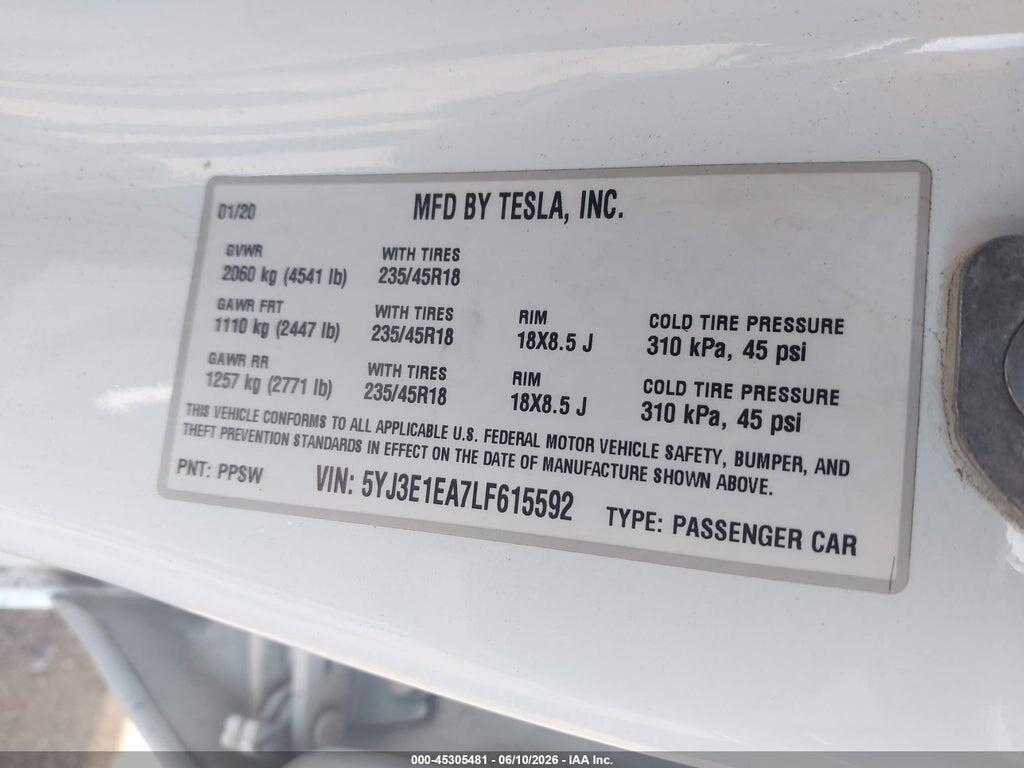 5YJ3E1EA7LF615592 2020 TESLA MODEL 3 photo no. 9
