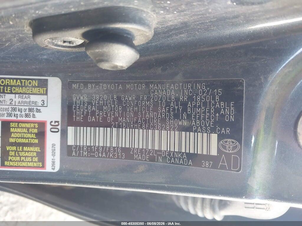 2T1BURHE8FC362822 2015 TOYOTA COROLLA photo no. 9