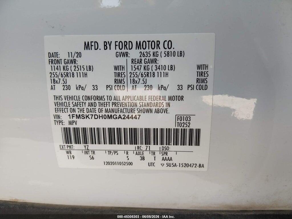 1FMSK7DH0MGA24447 2021 FORD EXPLORER photo no. 9