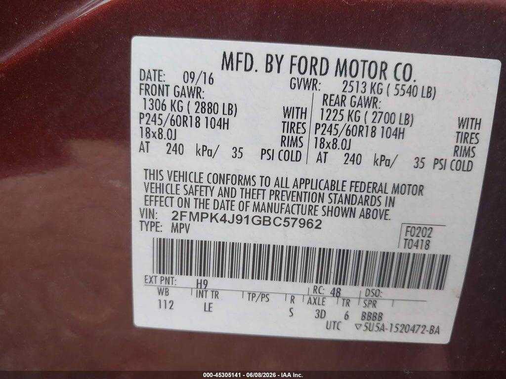 2FMPK4J91GBC57962 2016 FORD EDGE photo no. 9
