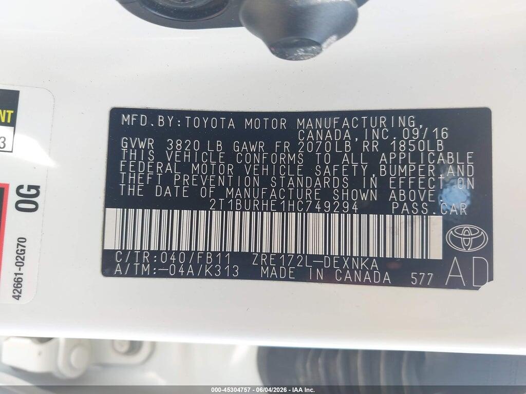 2T1BURHE1HC749294 2017 TOYOTA COROLLA photo no. 9