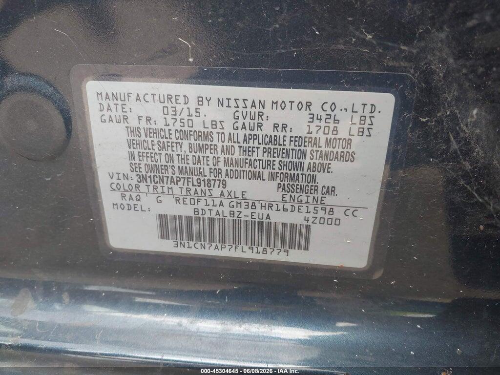 3N1CN7AP7FL918779 2015 NISSAN VERSA photo no. 9