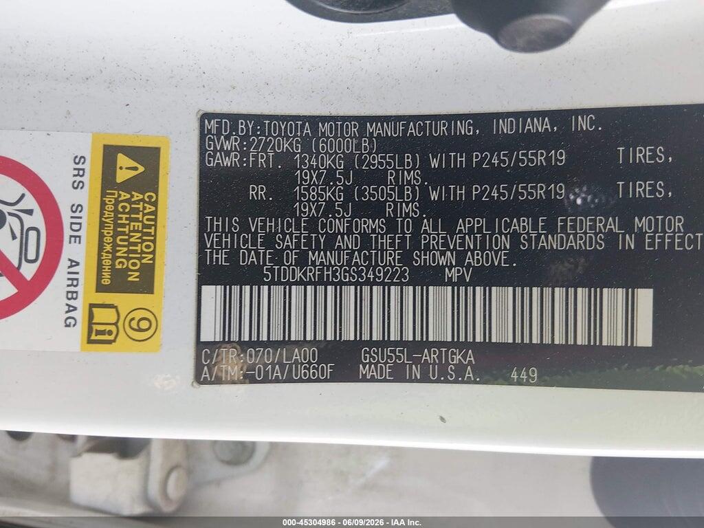 5TDDKRFH3GS349223 2016 TOYOTA HIGHLANDER photo no. 9