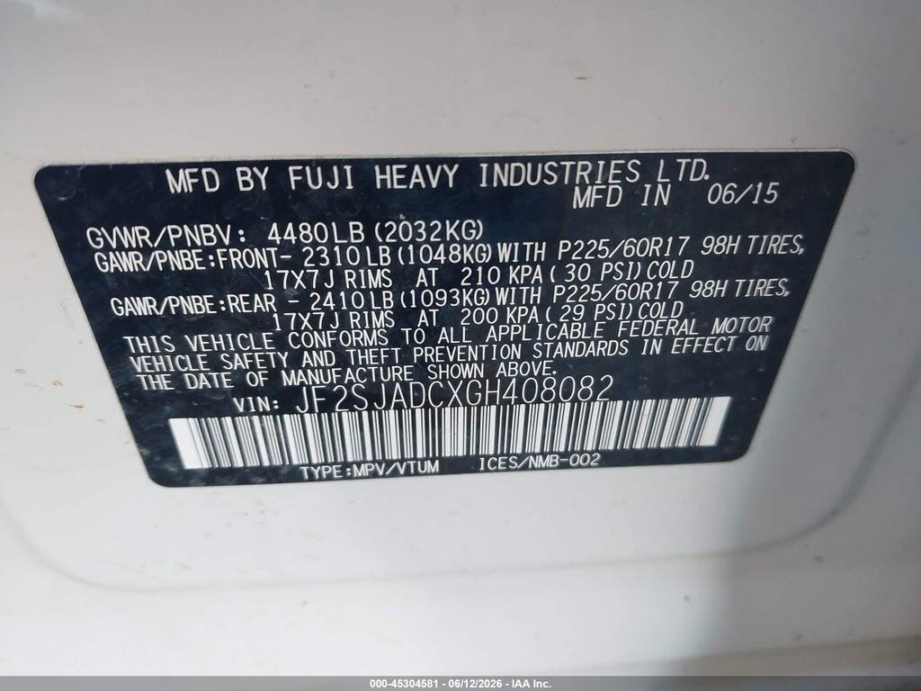 JF2SJADCXGH408082 2016 SUBARU FORESTER photo no. 9