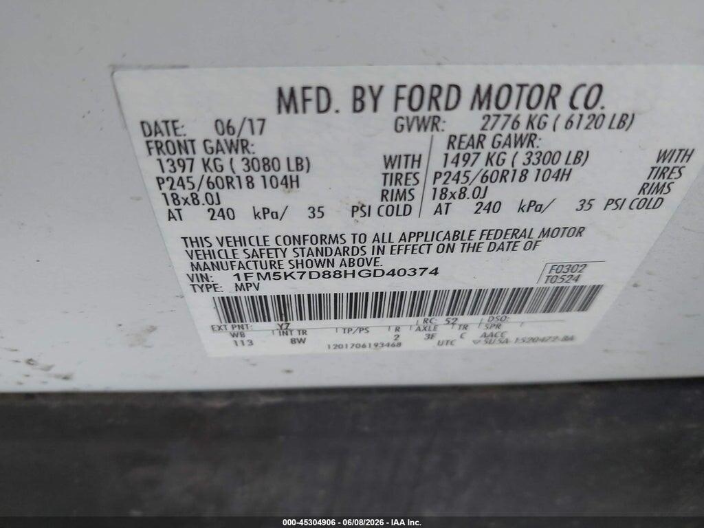 1FM5K7D88HGD40374 2017 FORD EXPLORER photo no. 9