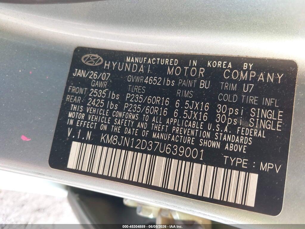 KM8JN12D37U639001 2007 HYUNDAI TUCSON photo no. 9