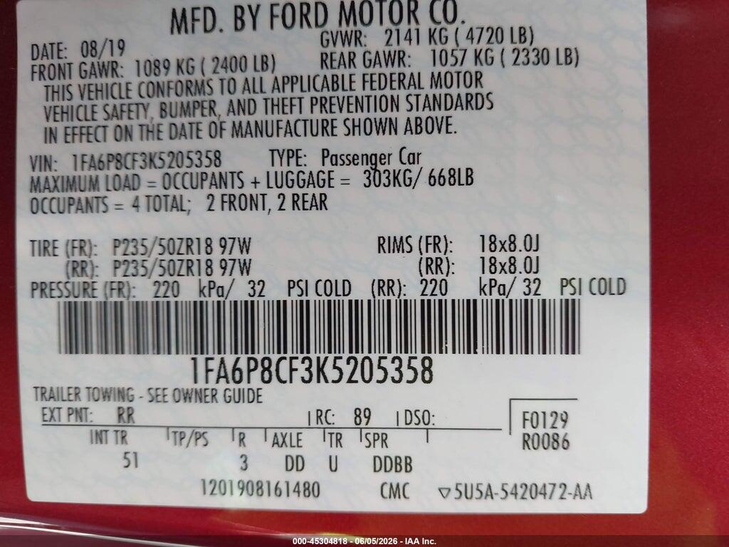 1FA6P8CF3K5205358 2019 FORD MUSTANG photo no. 9