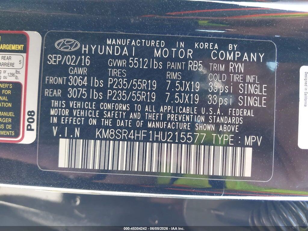 KM8SR4HF1HU215577 2017 HYUNDAI SANTA FE photo no. 9