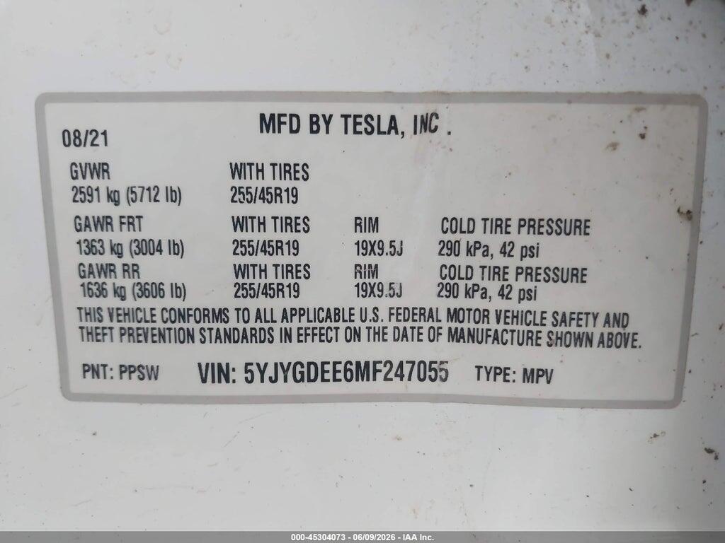 5YJYGDEE6MF247055 2021 TESLA MODEL Y photo no. 9