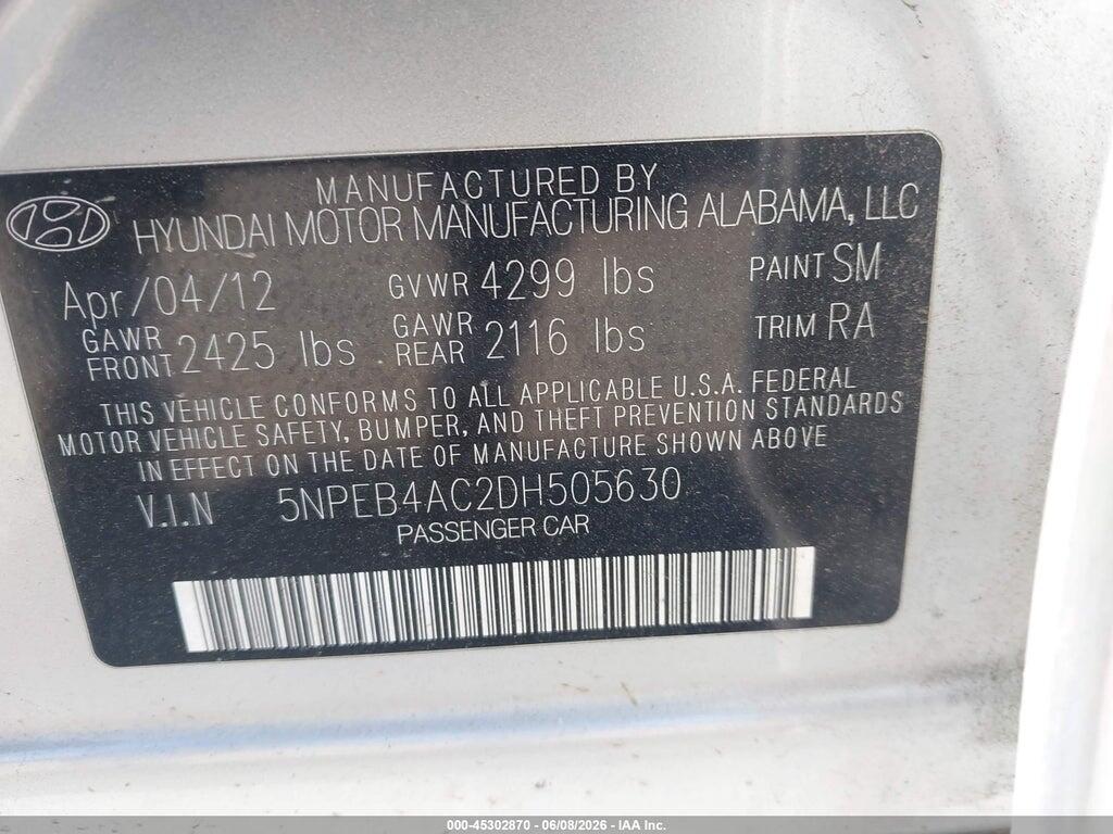 5NPEB4AC2DH505630 2013 HYUNDAI SONATA photo no. 9
