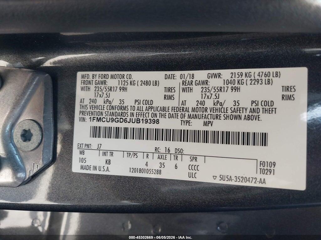 1FMCU9GD6JUB19398 2018 FORD ESCAPE photo no. 9