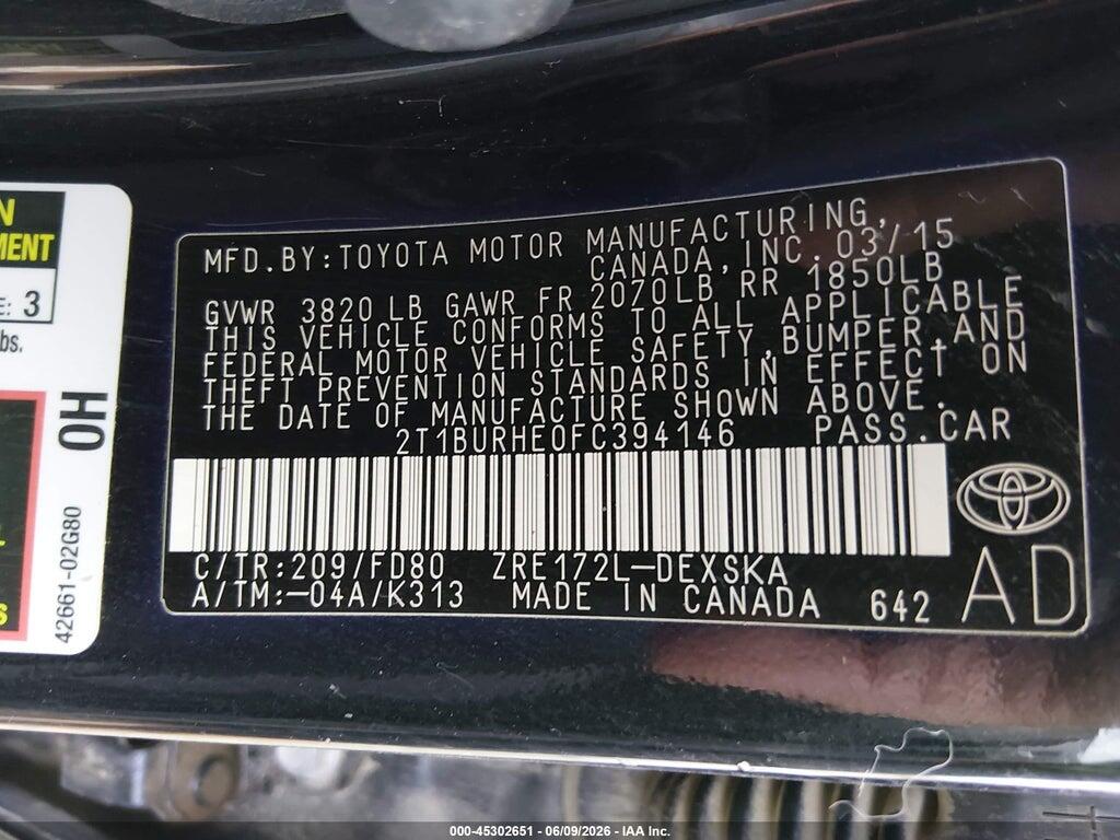2T1BURHE0FC394146 2015 TOYOTA COROLLA photo no. 9